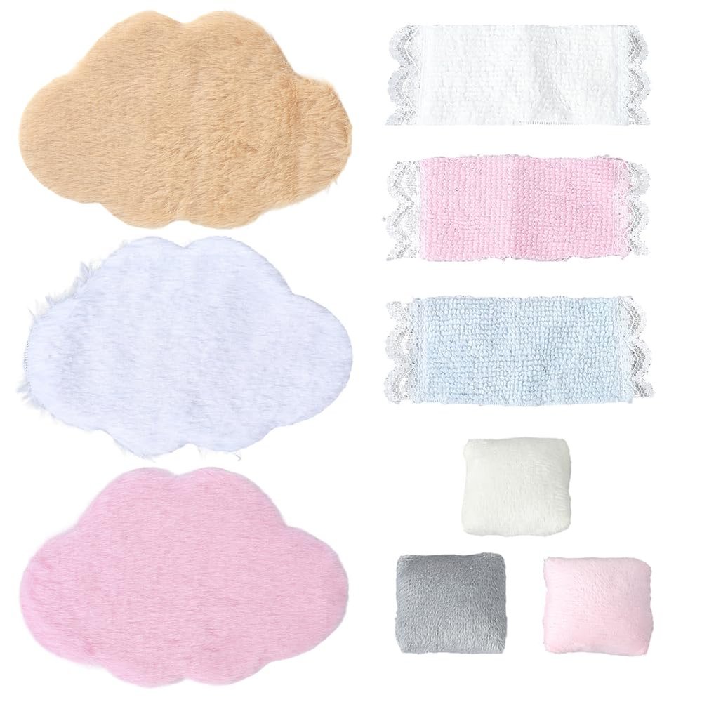 GORGECRAFT 3 Sets Miniature Carpet 3pcs Dollhouse Pillow 3pcs Dollhouse Towels Mini Doll House Decor Polyester Fluffy Miniature Doll House Cloud Rug for Furniture Decoration Bedroom
