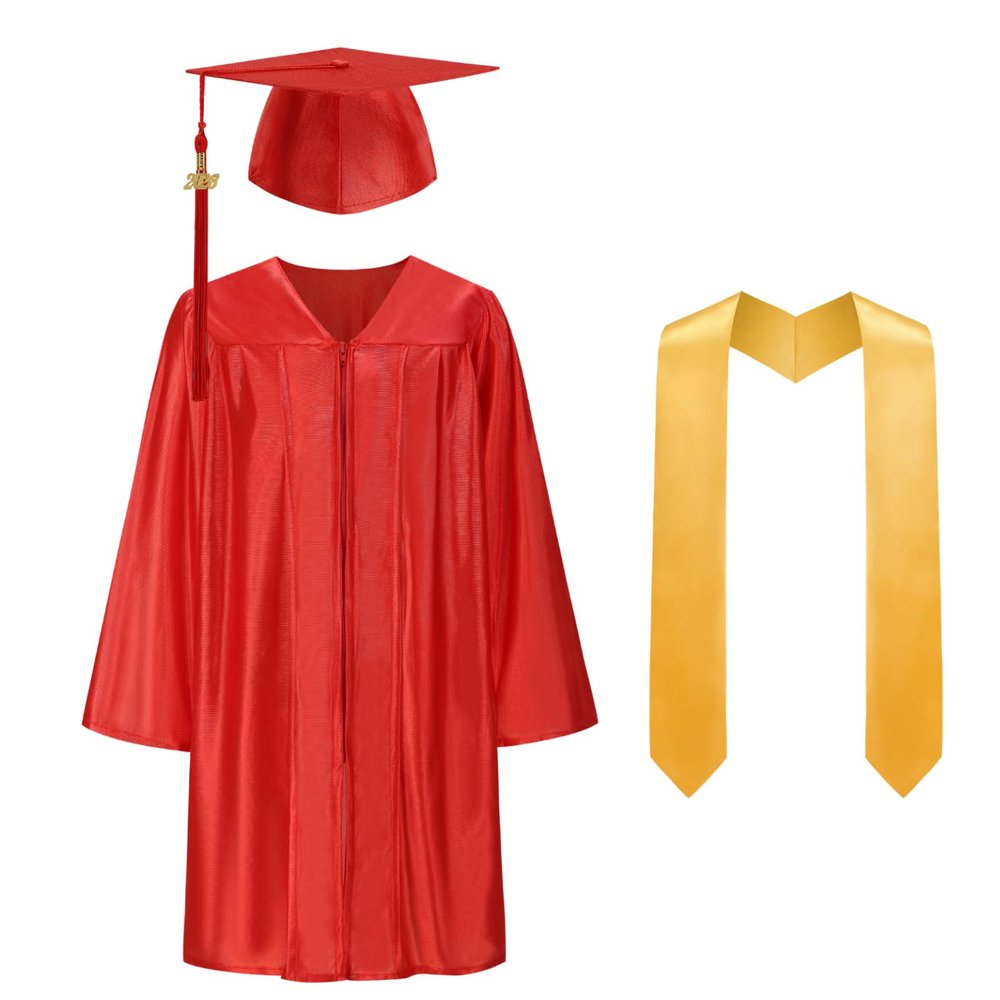 HAPNBCELE Kids Shiny Graduation Cap and Gown 5 Pcs Set with 2026 2027 Tassel Kindergarten Preschool Ceremony Gifts for Boys Girls (Red, 30)