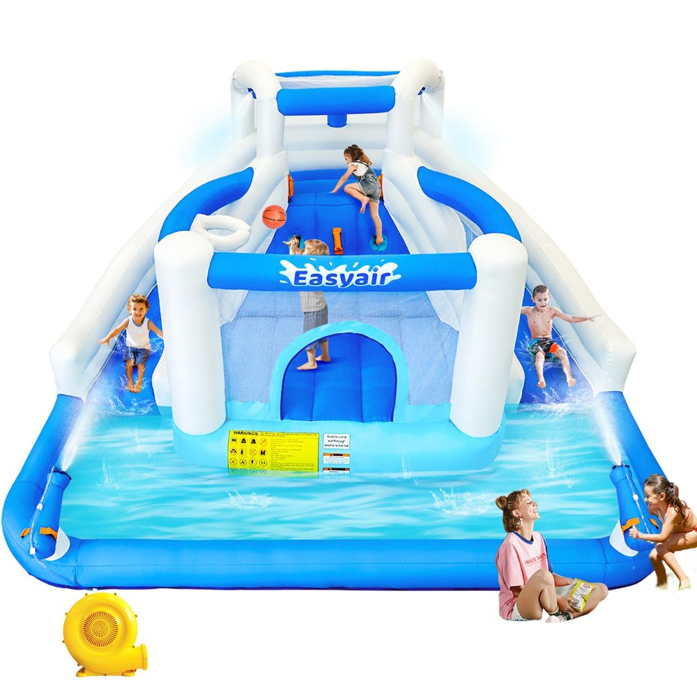 Easyair Inflatable Bounce House for Kids, 12.1 FT x 10.3 FT Blow Up Water Slide for Backyard, Dual Slides, Bouncy Castle, Climbing Wall, Basketball Hoops, Included Blower