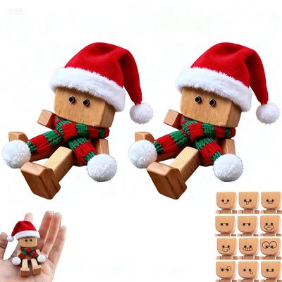 Shaking Wooden Man,Cute Shaking Feet Wooden Man Doll with 12PCS Magnetic Expressions,Funny Little Wood Mans Fun Car Dashboard Decorations Desktop Ornaments Gifts for Car Office (2Pcs- Santa Hat)