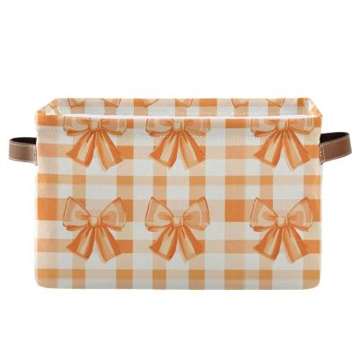 Pfrewn Storage Basket Yellow Bow Orange Bows Plaid Collapsible Rectangular Storage Boxes Organizer Shelf Basket Book Storage Bin for Nursery 1 Pack