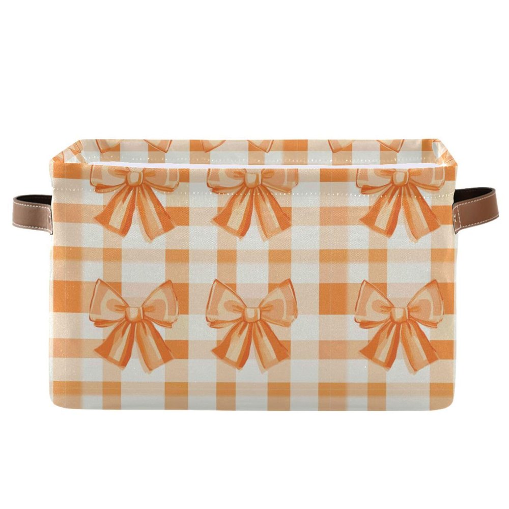Pfrewn Storage Basket Yellow Bow Orange Bows Plaid Collapsible Rectangular Storage Boxes Organizer Shelf Basket Book Storage Bin for Nursery 1 Pack