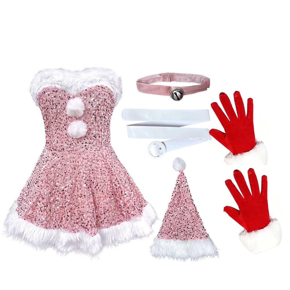 5Pcs Women Christmas Sequins Dress Costume Hat Belt Gloves,Christmas Sparkly Sequin Santa Claus Cosplay Outfit (Pink,L)