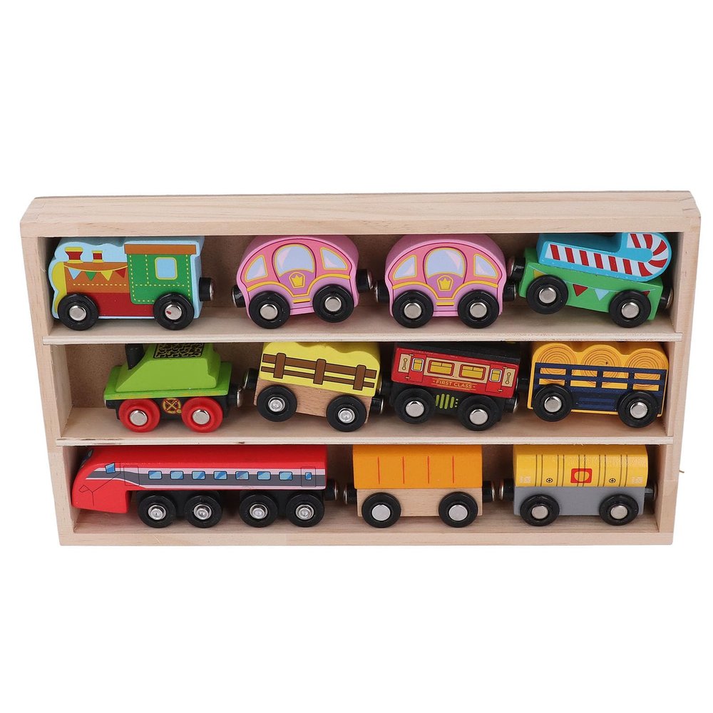 ariarly Children Train Toys Wooden Train Set, Multifunctional Scene Design, Safe Solid Wood Box, Easy Assembly for Children Over 2 Years Old