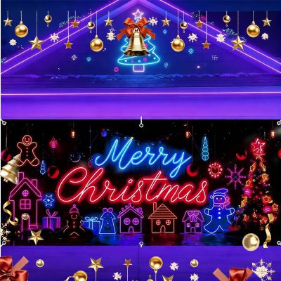 16x7ft UV Activated Christmas Garage Door Cover Banner, Large Glows in Dark 2D Flat Holiday Xmas Wall Decor, Outdoor Lighted Garage Banner with Cartoon Santa Elf, Xmas Party Decoration (#E,16 * 7ft)