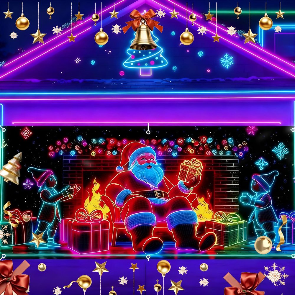 16x7ft UV Activated Christmas Garage Door Cover Banner, Large Glows in Dark 2D Flat Holiday Xmas Wall Decor, Outdoor Lighted Garage Banner with Cartoon Santa Elf, Xmas Party Decoration (#A,13 * 6ft)