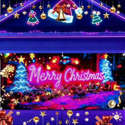 16x7ft UV Activated Christmas Garage Door Cover Banner, Large Glows in Dark 2D Flat Holiday Xmas Wall Decor, Outdoor Lighted Garage Banner with Cartoon Santa Elf, Xmas Party Decoration (#C,13 * 6ft)