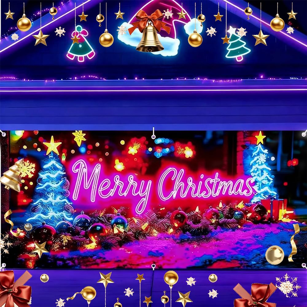 16x7ft UV Activated Christmas Garage Door Cover Banner, Large Glows in Dark 2D Flat Holiday Xmas Wall Decor, Outdoor Lighted Garage Banner with Cartoon Santa Elf, Xmas Party Decoration (#C,13 * 6ft)