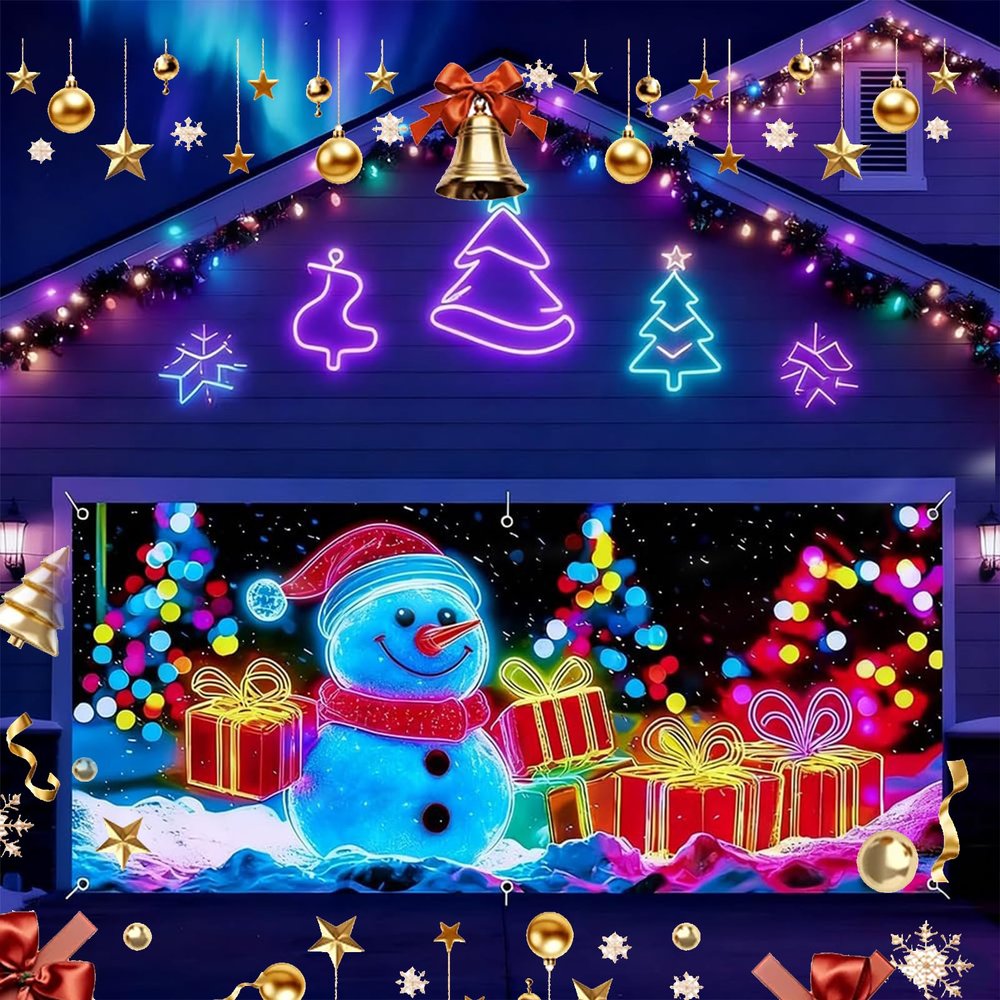 16x7ft UV Activated Christmas Garage Door Cover Banner, Large Glows in Dark 2D Flat Holiday Xmas Wall Decor, Outdoor Lighted Garage Banner with Cartoon Santa Elf, Xmas Party Decoration (#F,16 * 7ft)