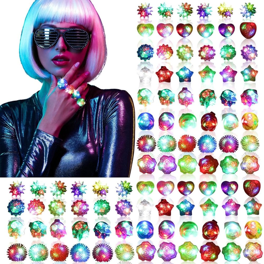 U-MOJOK 50 Pack Light Up Rings Glow in the Dark Flashing Jelly Finger Rings Blinking for Mardi Gras,Raves, Carnival Party Supplies,Gifts - 8 Styles