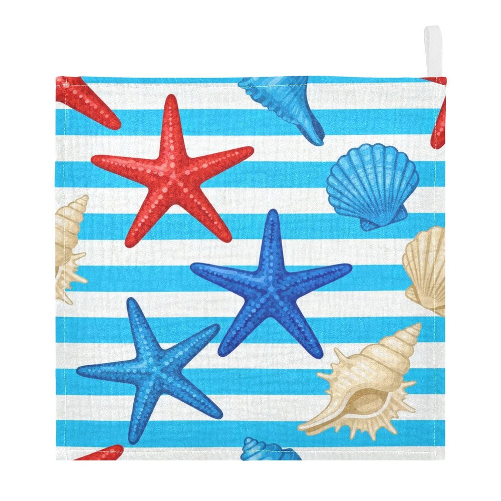 GuoChe Blue Striped Sea Creature Pattern 3-Pack Cotton Washcloths for Kids, Towels for Boy, Girl, Absorbent Face Cloths