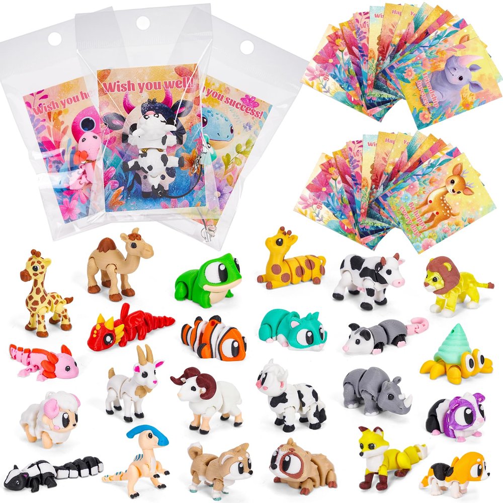 3D Printed Animal Figurines Set, Mini Animals Articulated Flexible Fidget Toys for Kids Adults, Cute Desk Pets Decor for Party Favors, Valentines Day Gifts for Kids (Valentine's Day Animals)