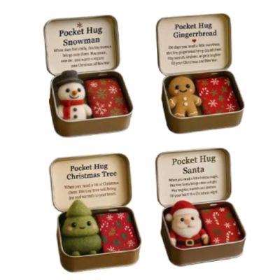 4X Christmas Pocket Hug Gift,Mini Christmas Santa Snowman Tree Plush in Tin Box with Inspirational Card, Handmade Snowman Santa Felt Keepsake,Little Pocket Xmas Hug Emotional Xmas Gifts for Friends
