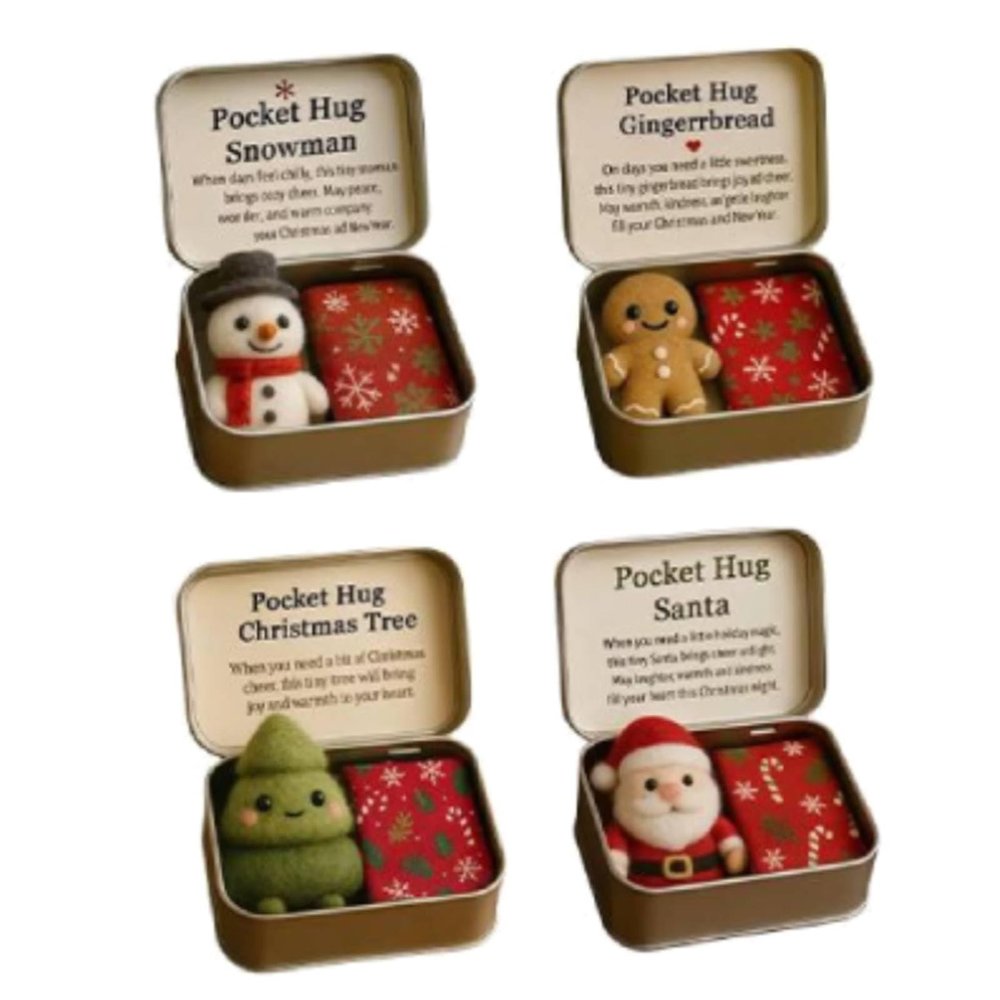 4X Christmas Pocket Hug Gift,Mini Christmas Santa Snowman Tree Plush in Tin Box with Inspirational Card, Handmade Snowman Santa Felt Keepsake,Little Pocket Xmas Hug Emotional Xmas Gifts for Friends