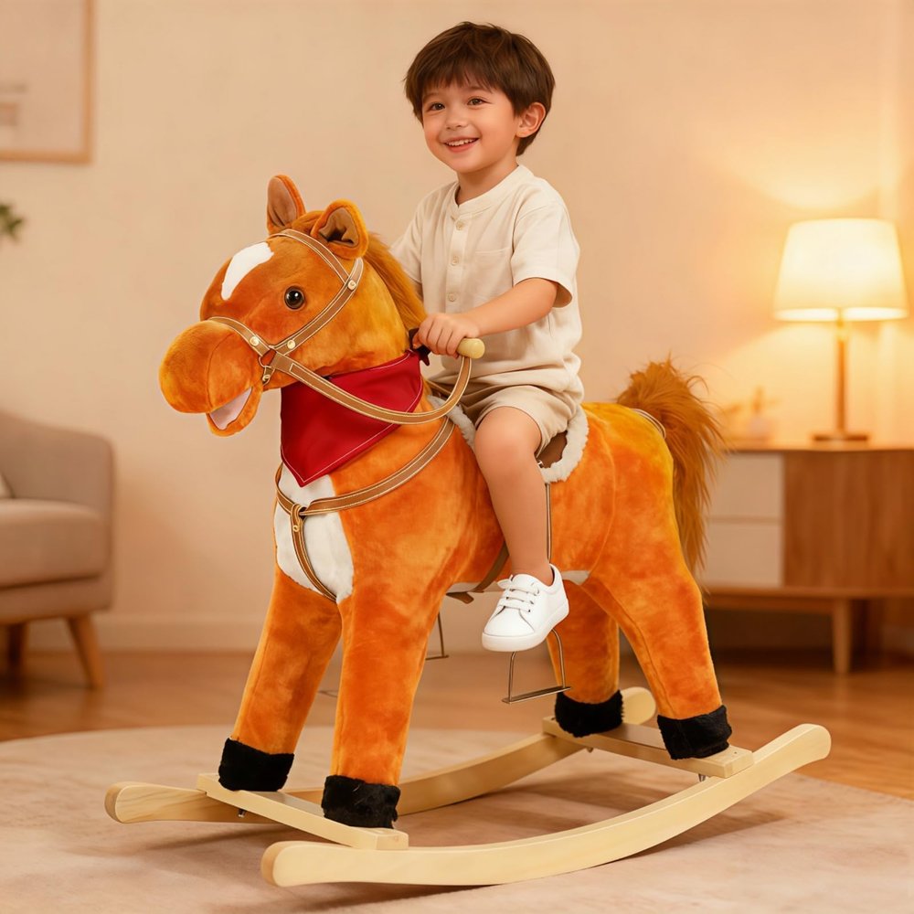 JENPECH Plush Kids Rocking Horse, Wooden Base Rocking Horses Ages 1-6 with Handle Grip, Sounds, Moving Mouth, Wagging Tail, 110 Lbs Weight Capacity(Light Brown, Middle)