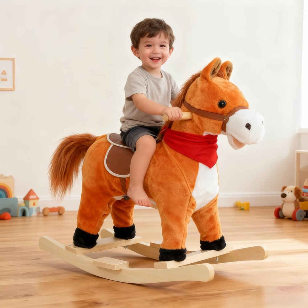 JENPECH Plush Kids Rocking Horse, Wooden Base Rocking Horses Ages 1-6 with Handle Grip, Sounds, Moving Mouth, Wagging Tail, 110 Lbs Weight Capacity(Light Brown, Small)