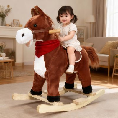 JENPECH Plush Kids Rocking Horse, Wooden Base Rocking Horses Ages 1-6 with Handle Grip, Sounds, Moving Mouth, Wagging Tail (Dark Brown, Small)