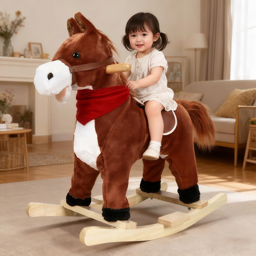 JENPECH Plush Kids Rocking Horse, Wooden Base Rocking Horses Ages 1-6 with Handle Grip, Sounds, Moving Mouth, Wagging Tail (Dark Brown, Small)