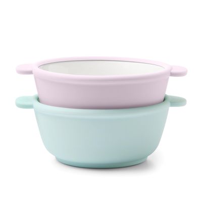 Ello Clean Start Toddler Bowls 2 Pack | Ceramic Kids/Baby Bowls with Silicone Sleeves | BPA-Free, Plastic-Free | Microwave & Dishwasher Safe | High Chair Friendly, Stackable | Dewdrop/Sugarplum