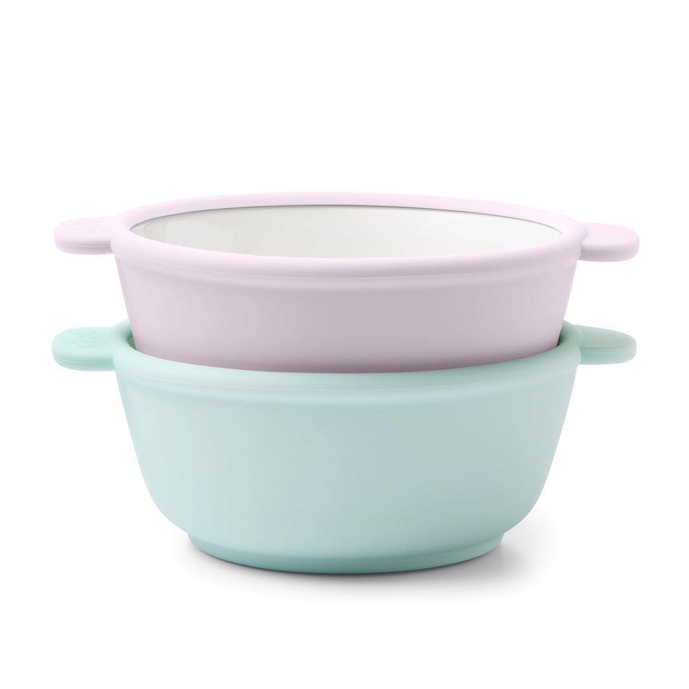 Ello Clean Start Toddler Bowls 2 Pack | Ceramic Kids/Baby Bowls with Silicone Sleeves | BPA-Free, Plastic-Free | Microwave & Dishwasher Safe | High Chair Friendly, Stackable | Dewdrop/Sugarplum