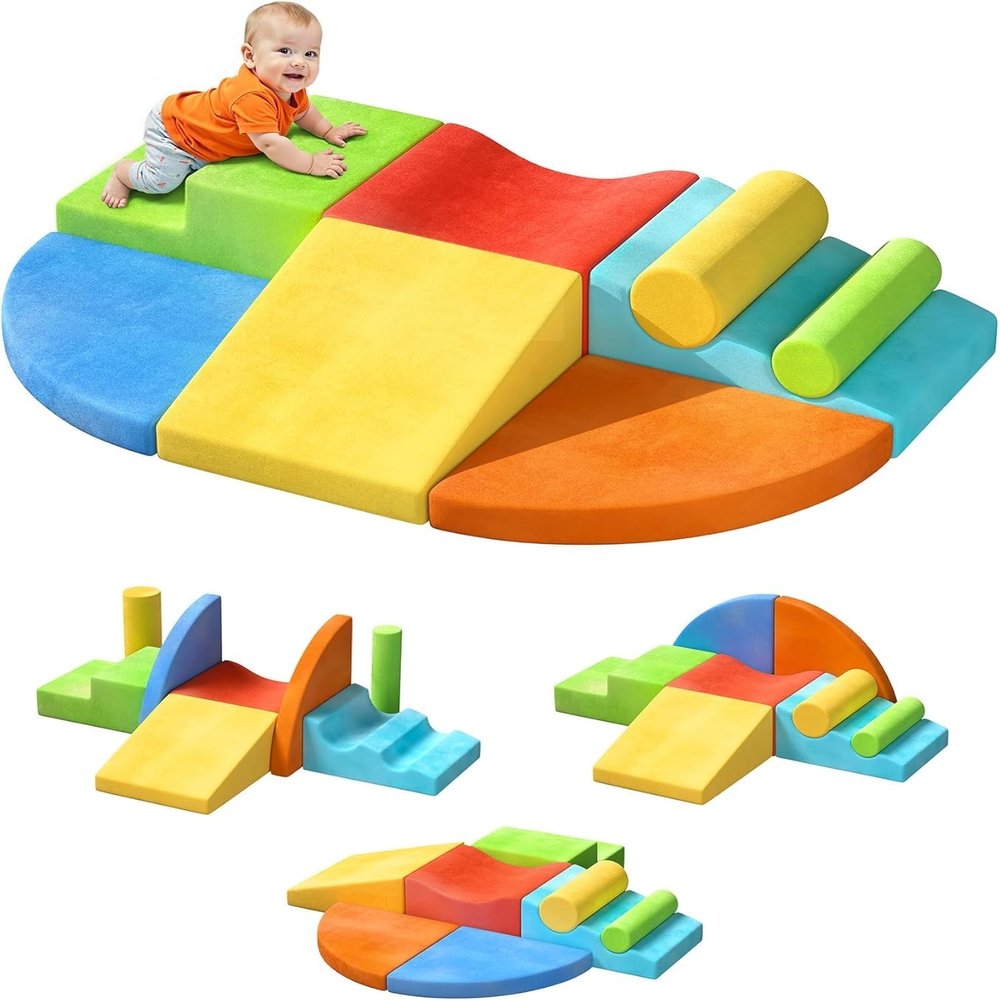 8-Piece Climb and Crawl Foam Play Set, Soft Play Foam Blocks to Climbing, Crawling, Sliding, Indoor Playground Activity Play Structure for Kids Baby Toddler (Red+Orange+Green)