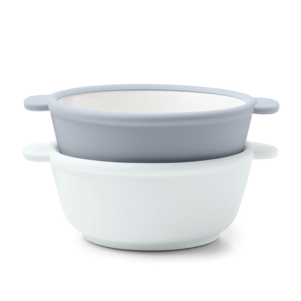 Ello Clean Start Toddler Bowls 2 Pack | Ceramic Kids/Baby Bowls with Silicone Sleeves | BPA-Free, Plastic-Free | Microwave & Dishwasher Safe | High Chair Friendly, Stackable | Quiet Tide/Tech Blue