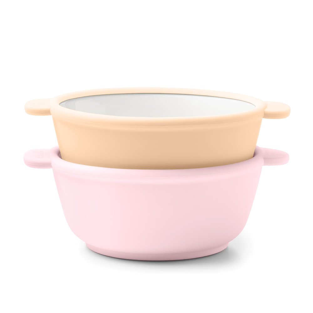 Ello Clean Start Toddler Bowls 2 Pack | Ceramic Kids/Baby Bowls with Silicone Sleeves | BPA-Free, Plastic-Free | Microwave & Dishwasher Safe | High Chair Friendly, Stackable | Cashmere Pink/Dune
