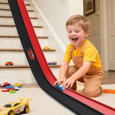 Flexible Race Track 15 Ft Starter Set, Flex Tracks for Kids 3+ with Strong Suction Cups, Flexible Car Race Ramp Track Compatible with Hot Wheels and Diecast 1/64 Cars, Portable Rolls Up Race Tracks