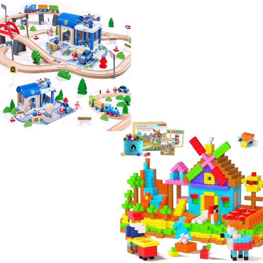 102Pcs Wooden Train Set for Toddlers & 116 PCS Magnetic Blocks Set (Bright Color)