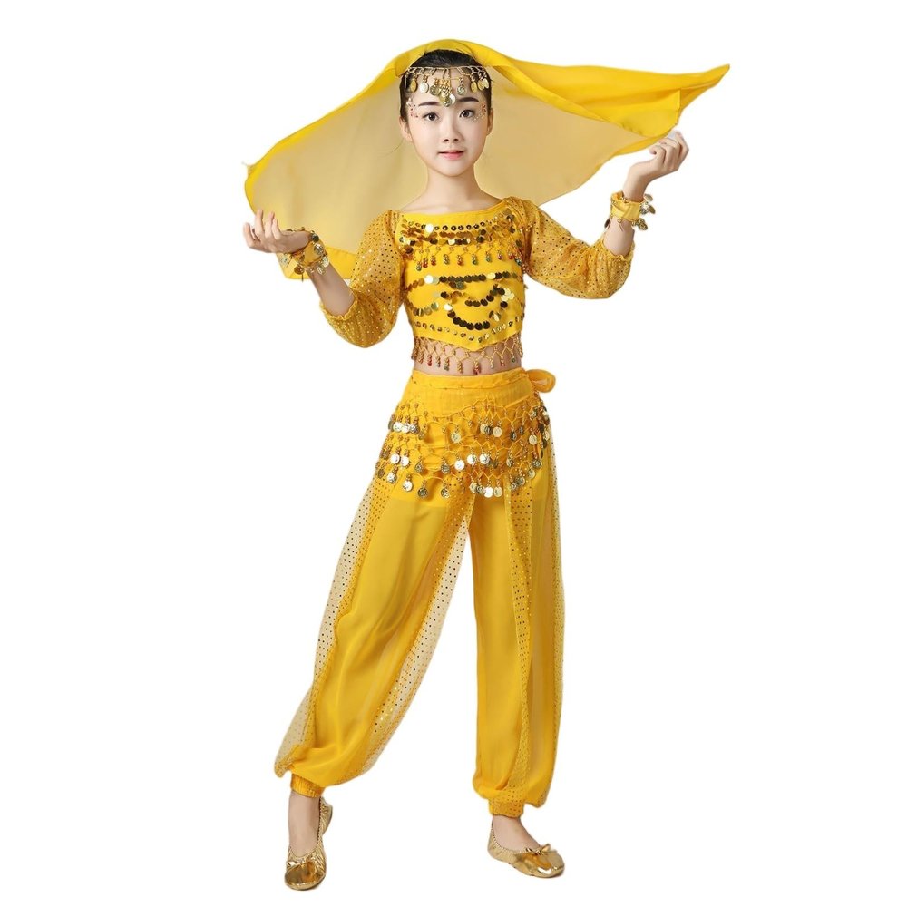 5 PCS Girls Sequin Bodysuit Sets Cute Sparkle Glitter Tops Perform Dance Costumes School Birthday Festival Party Long Sleeve Tops Waist Chain Headdress Bracelet Sets