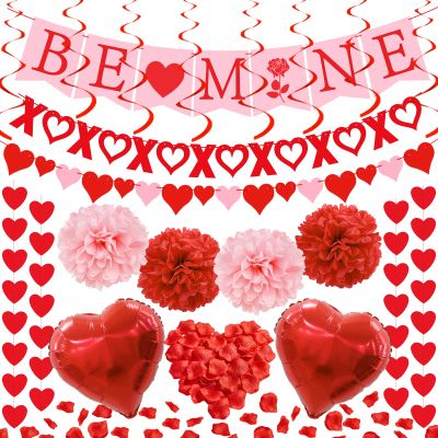 123Pcs Valentines Day Decorations Set,Valentines Day Decor Include BE Mine Love Heart XO Garlands Banner Paper Pompoms Balloons Valentine Decorations for Party Office Home Wedding Engagement