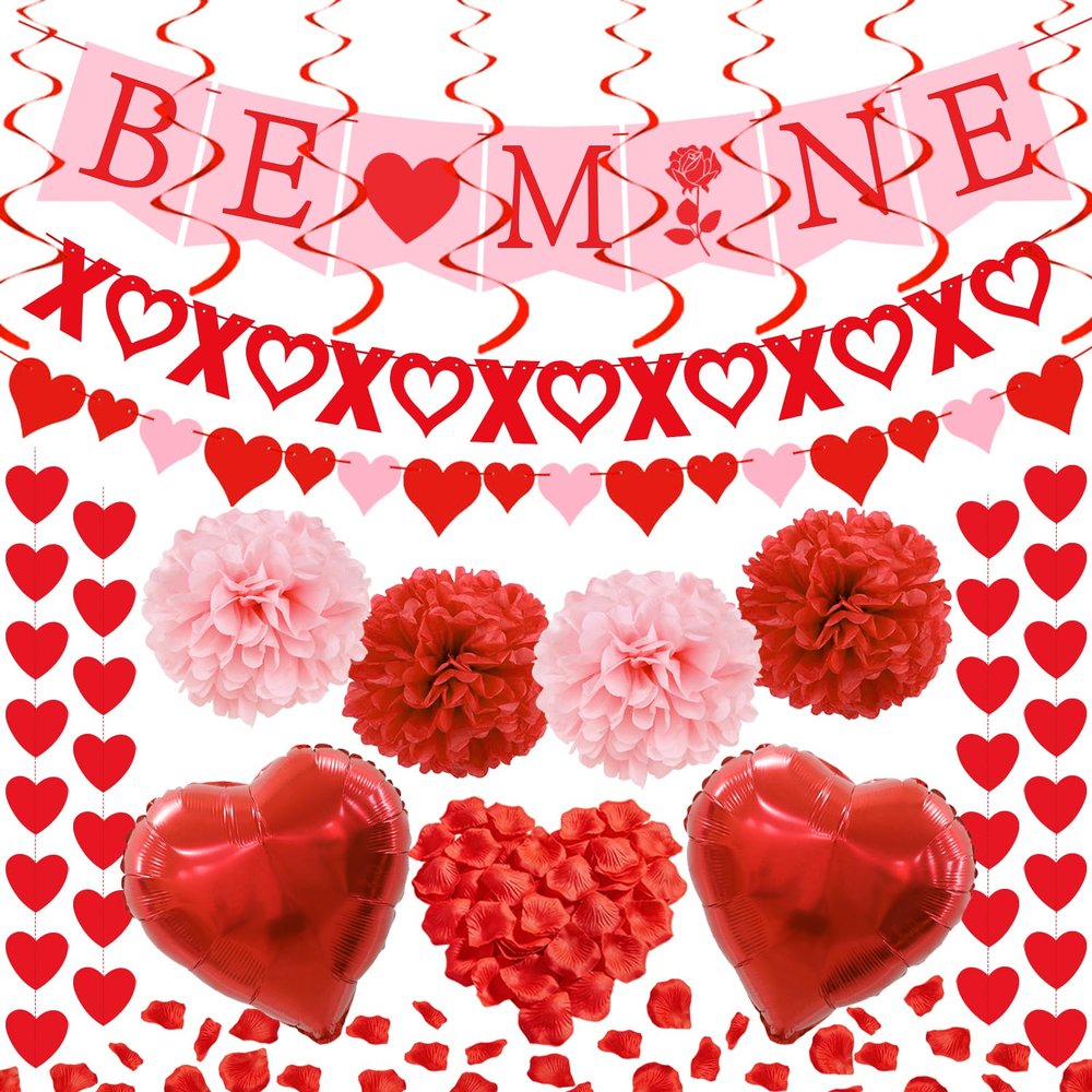 123Pcs Valentines Day Decorations Set,Valentines Day Decor Include BE Mine Love Heart XO Garlands Banner Paper Pompoms Balloons Valentine Decorations for Party Office Home Wedding Engagement