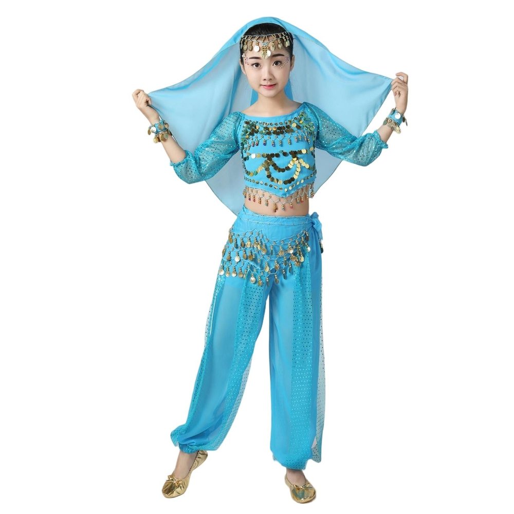 5 PCS Girls Sequin Bodysuit Sets Cute Sparkle Glitter Tops Perform Dance Costumes School Birthday Festival Party Long Sleeve Tops Waist Chain Headdress Bracelet Sets