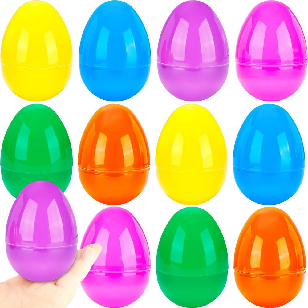 Haconba 12 Pack 4 Inch Fillable Easter Eggs Colorful Large Plastic Easter Eggs for Easter Basket Fillers Egg Hunt Party Supplies, 6 Colors