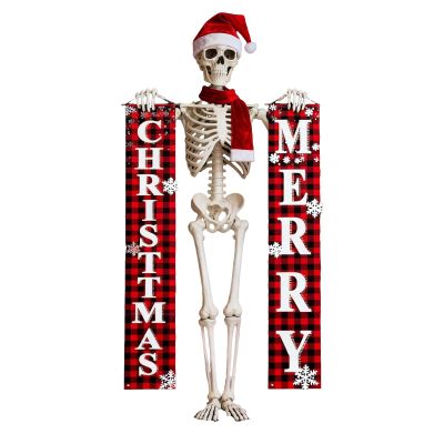 12ft Skeleton Costume Accessories Includes Santa Hat &Scarf,Banners,Funny Giant Skeleton Costume Garden Decor (A)