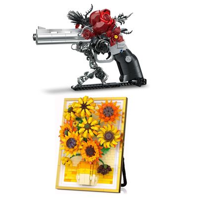 Audaxly Gothic Rose Building Kit, Sunflower Building Set, Dark Romantic Fusion of Blood-Red Roses & Artificial Flower Botanical Collection, Wall-Hanging or Tabletop Display, Ideal Gift for Teens 14+