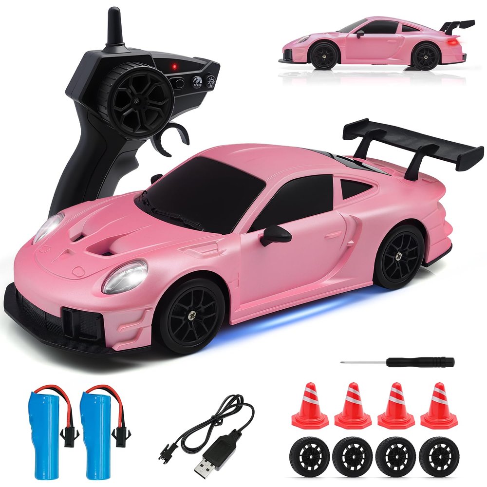 Aka Supaku RC Drift Car, 1:24 4WD Remote Control Cars Vehicle with LED Light,2.4GHz 20KM/H High Speed RC Cars with Two Batteries & Drifting Tires Racing Sport Toy for Adults Boys Girls Kids Pink