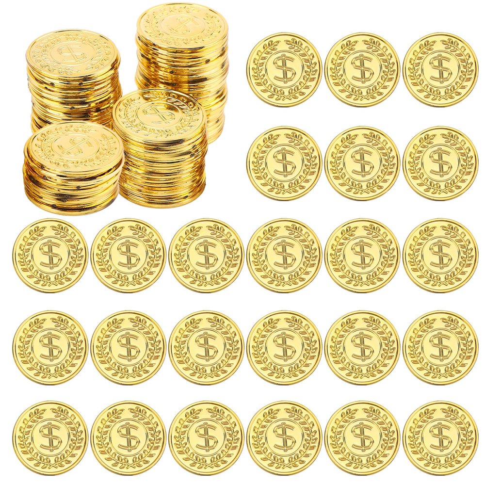100 Pcs Plastic Gold Coins, 1.37 Inch Fake Coins Pirate Coin Tokens, Pirate Party Decorations Teacher Classroom Reward Adventure Theme Party Supplies