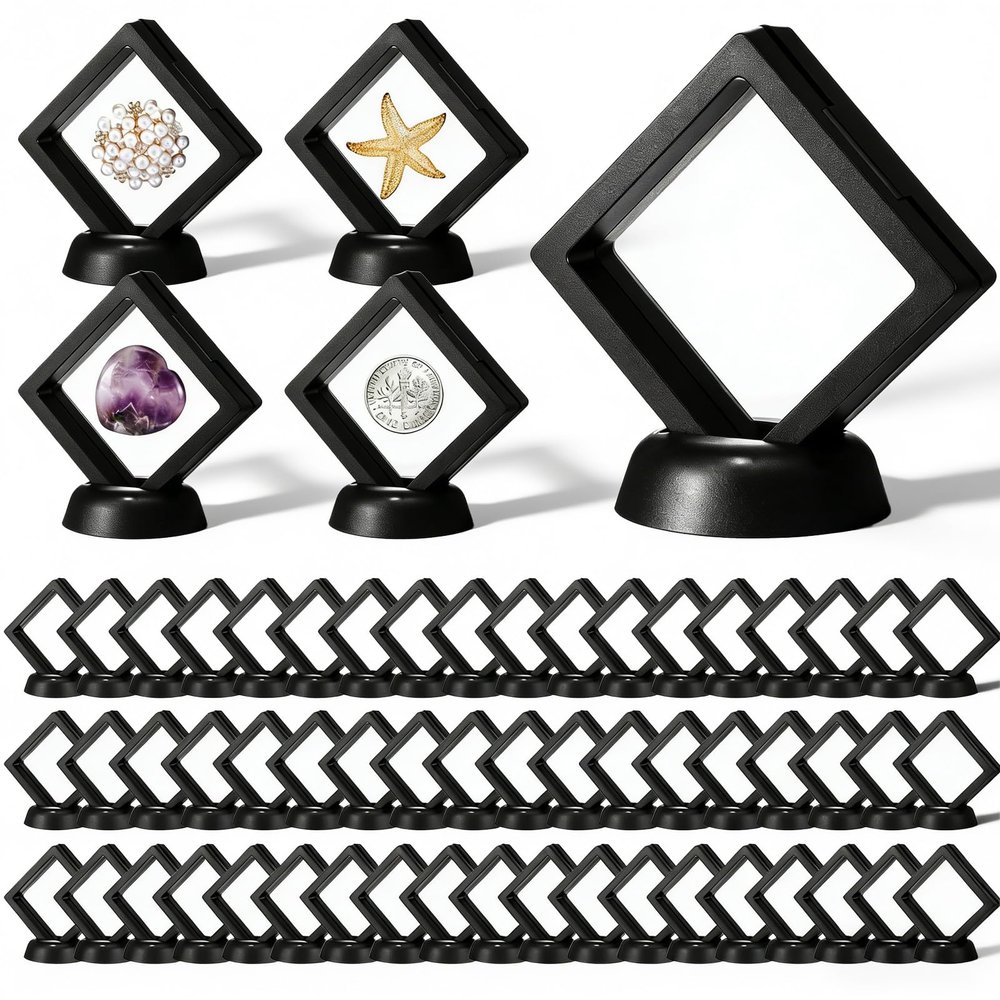 60 Pcs 3D Floating Display Case, Plastic Coin Holder with Stand for Challenge Coins, Medallions, Jewelry, Rocks and Specimens, 2.76x2.76x0.79 Inch Protective Frame, Black