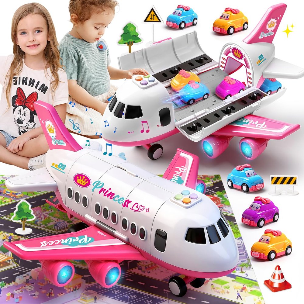 Airplane Toy with Princess Cars and Play Mat,Plane with Lights and Sounds for 2 3 4 5 6 7 Year Old Toddler Girls,Birthday Gift Idea for Kids
