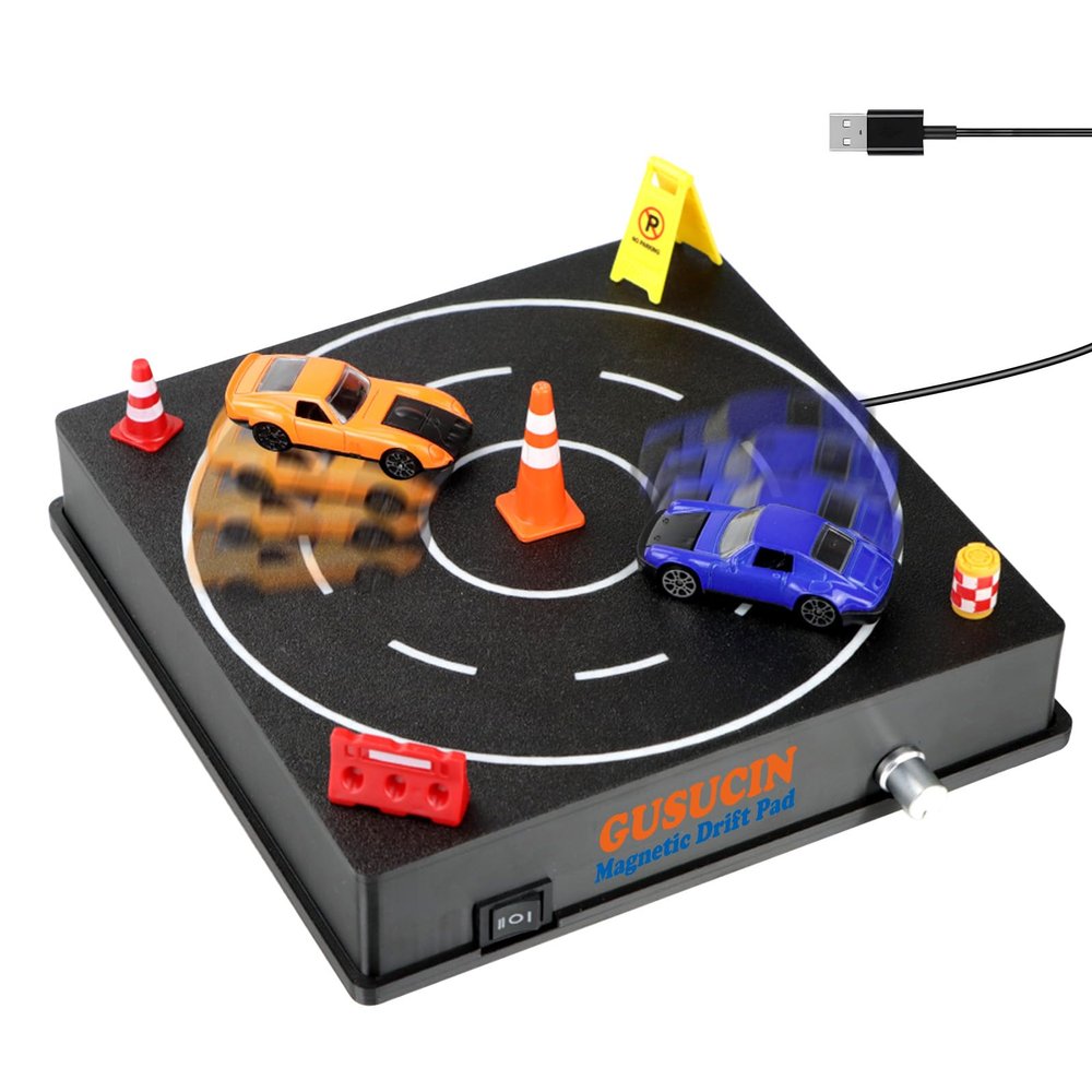 Magnetic Drift Pad for Hot Wheels Cars 1:64  Spinning Drift Track with Adjustable Speed & Direction, USB Powered Drift Pad with 5 Decorations, Display Stand for All 1:64 Scale Diecast Cars (Black)