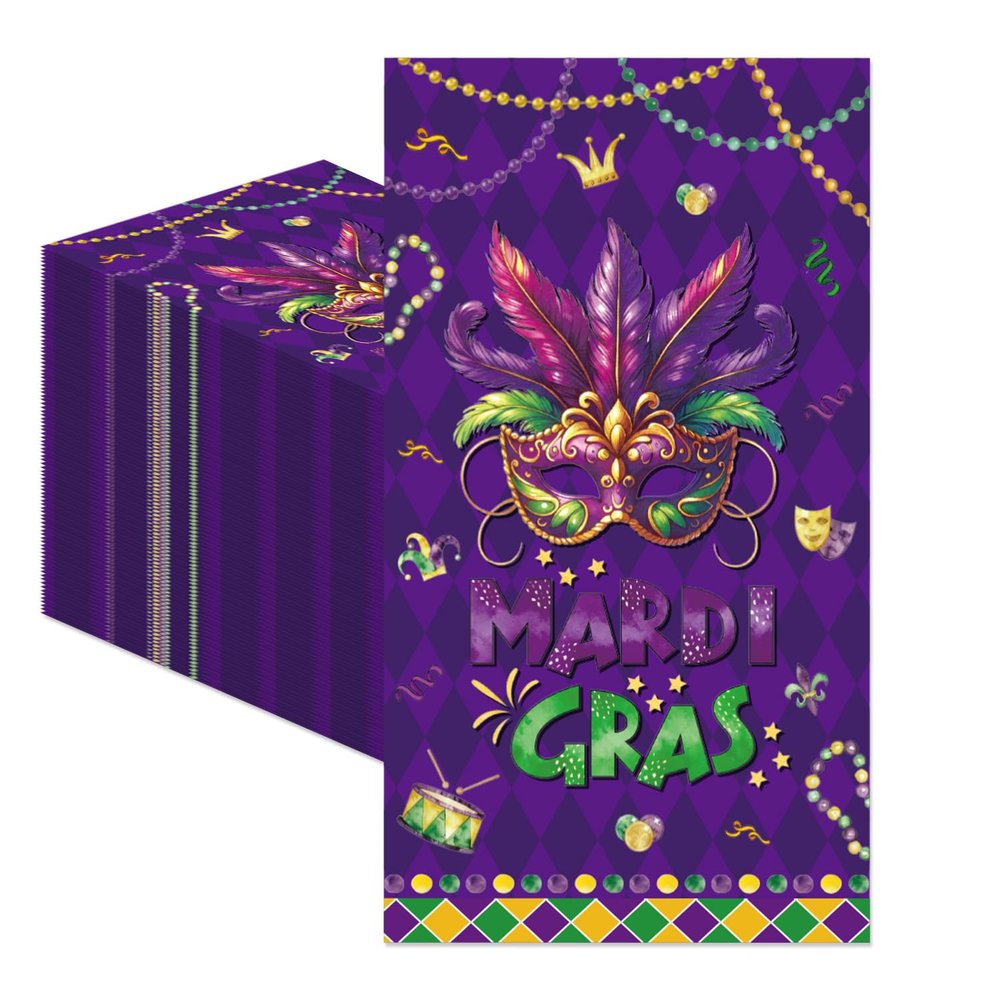 100Pcs Mardi Gras Napkins - Mardi Gras Party Decorations Carnival Mask Fat Tuesday Theme Supplies Disposable Luncheon Dinner Napkins 7.8" x4.3" for Masquerade Party Holiday Home