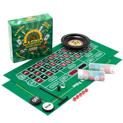 Lunmon Casino Night 4 in 1 Complete Game Set, 2 Double Sided Felts Layout Mat, 10" Roulette Wheel, 200 Chips, Rake, 19 mm Dice, On/Off Dealer Button, Win Marker for Blackjack Craps Texas Holdem Party