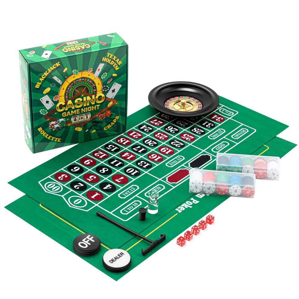 Lunmon Casino Night 4 in 1 Complete Game Set, 2 Double Sided Felts Layout Mat, 10" Roulette Wheel, 200 Chips, Rake, 19 mm Dice, On/Off Dealer Button, Win Marker for Blackjack Craps Texas Holdem Party