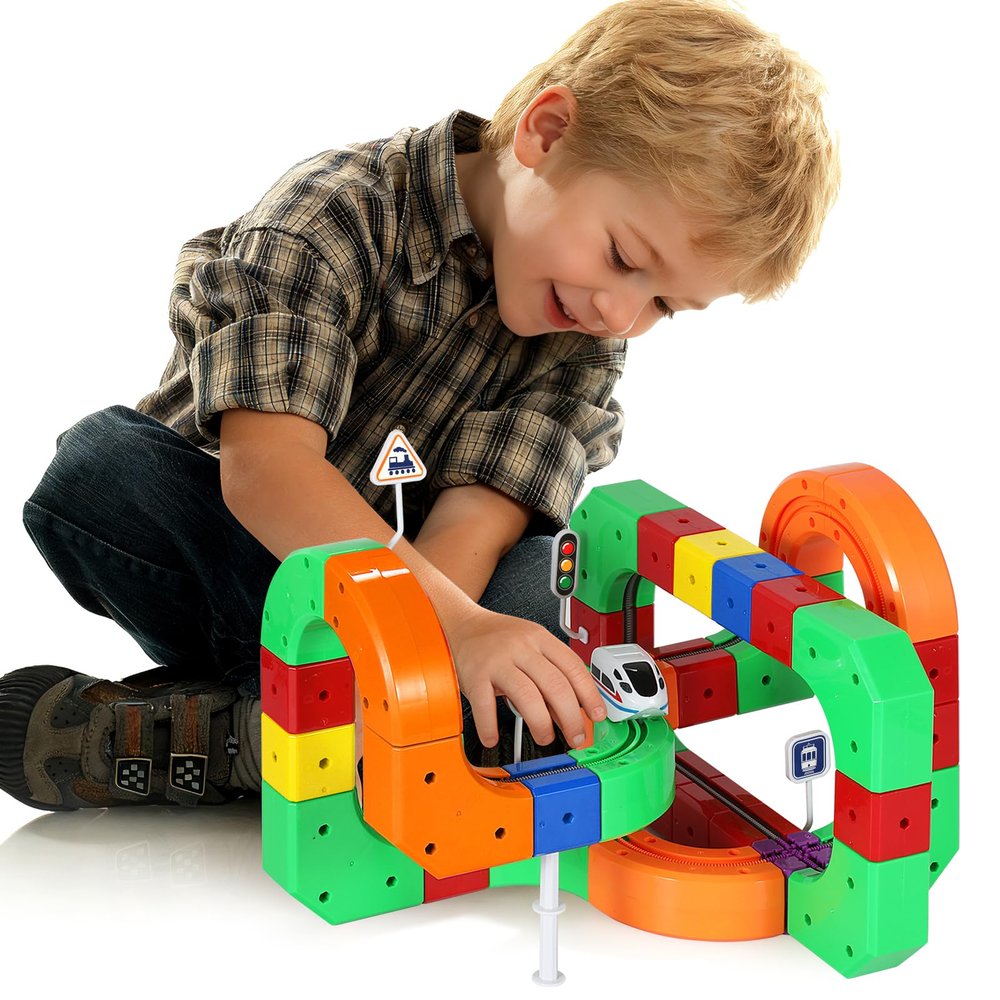 Electric Train Set for Kids Flexible Race Track Toy DIY 3D Embedded Layouts & Motorized Car 3-8 Year Old Boys Girls Toys STEM Learning Gift (81Pcs)