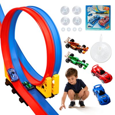 MINDNOOK 16 Ft Flexible Race Car Track Set for Kids, Portable Roll-Up Racetrack with 4 Cars & Suction Cups, Compatible with 1:64 Diecast Toy Cars, Gift for Boys & Girls Ages 4-12