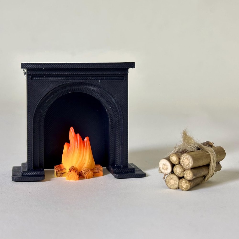 3 Pack Dollhouse Decoration, 1:12 Miniature Fireplace Set with Flame Effect, Desktop Model with Log Bundle, Arch Design (Black)