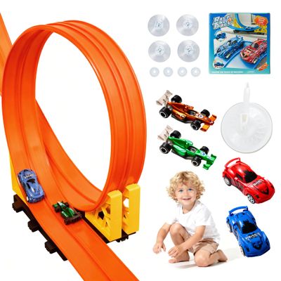 MINDNOOK 16 Ft Flexible Race Car Track Set for Kids, Portable Roll-Up Racetrack with 4 Cars & Suction Cups, Compatible with 1:64 Diecast Toy Cars, Gift for Boys & Girls Ages 4-12