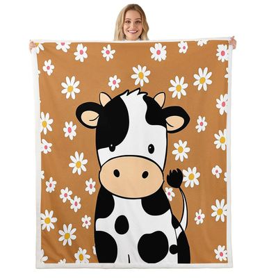 Erosebridal Cartoon Milk Cow Fleece Blanket Baby 30"x40" Black White Cow Daisy Sherpa Blanket Cute Farm Animal Theme Fuzzy Plush Throw for Kids Boys Girls,Daisy Plant Decor for Bed Couch