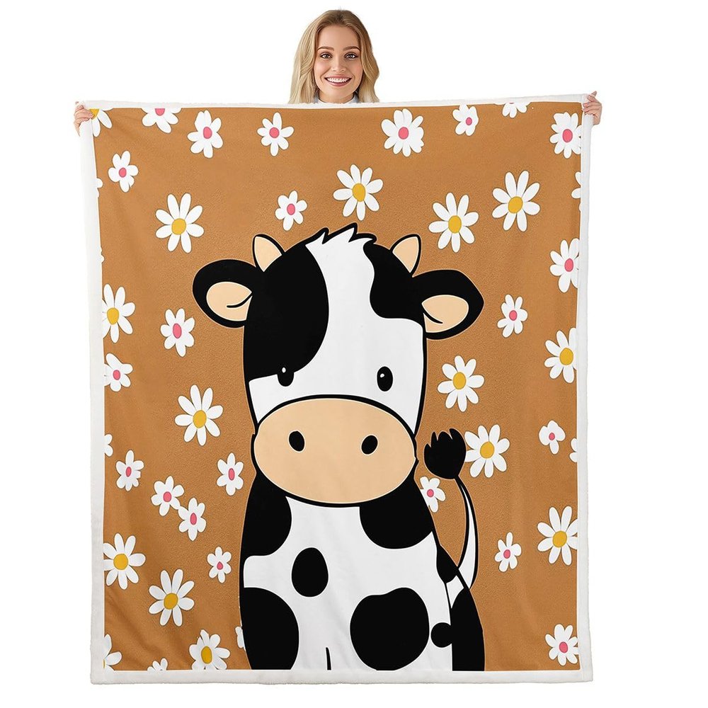 Erosebridal Cartoon Milk Cow Fleece Blanket Baby 30"x40" Black White Cow Daisy Sherpa Blanket Cute Farm Animal Theme Fuzzy Plush Throw for Kids Boys Girls,Daisy Plant Decor for Bed Couch